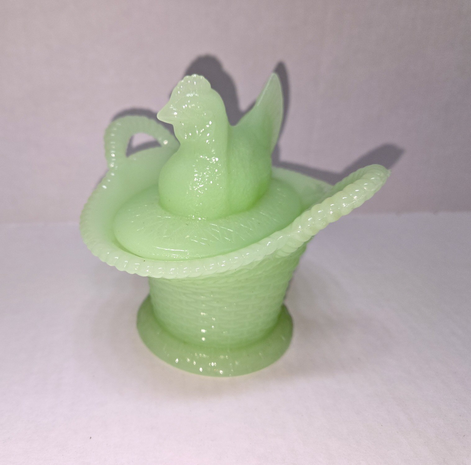 Vintage Jadeite Green Milk Glass Hen on Woven Basket Covered Dish Westmoreland?
