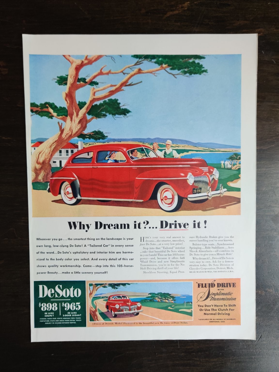 Vintage DeSoto 1941 Red De Luxe Coupe Full Page Original Ad