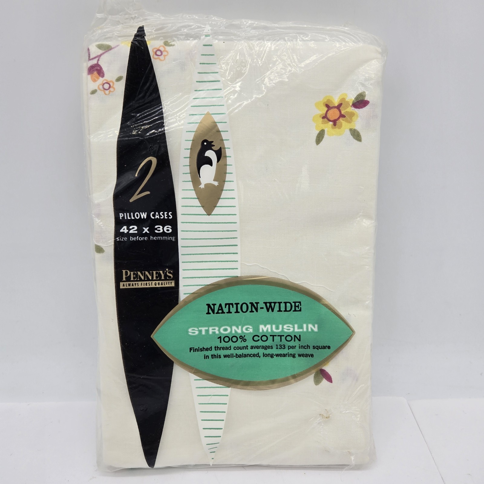 Vtg Penney\'s Nation-Wide Muslin 100% Cotton Pillowcases Set Of 2 Floral 42\