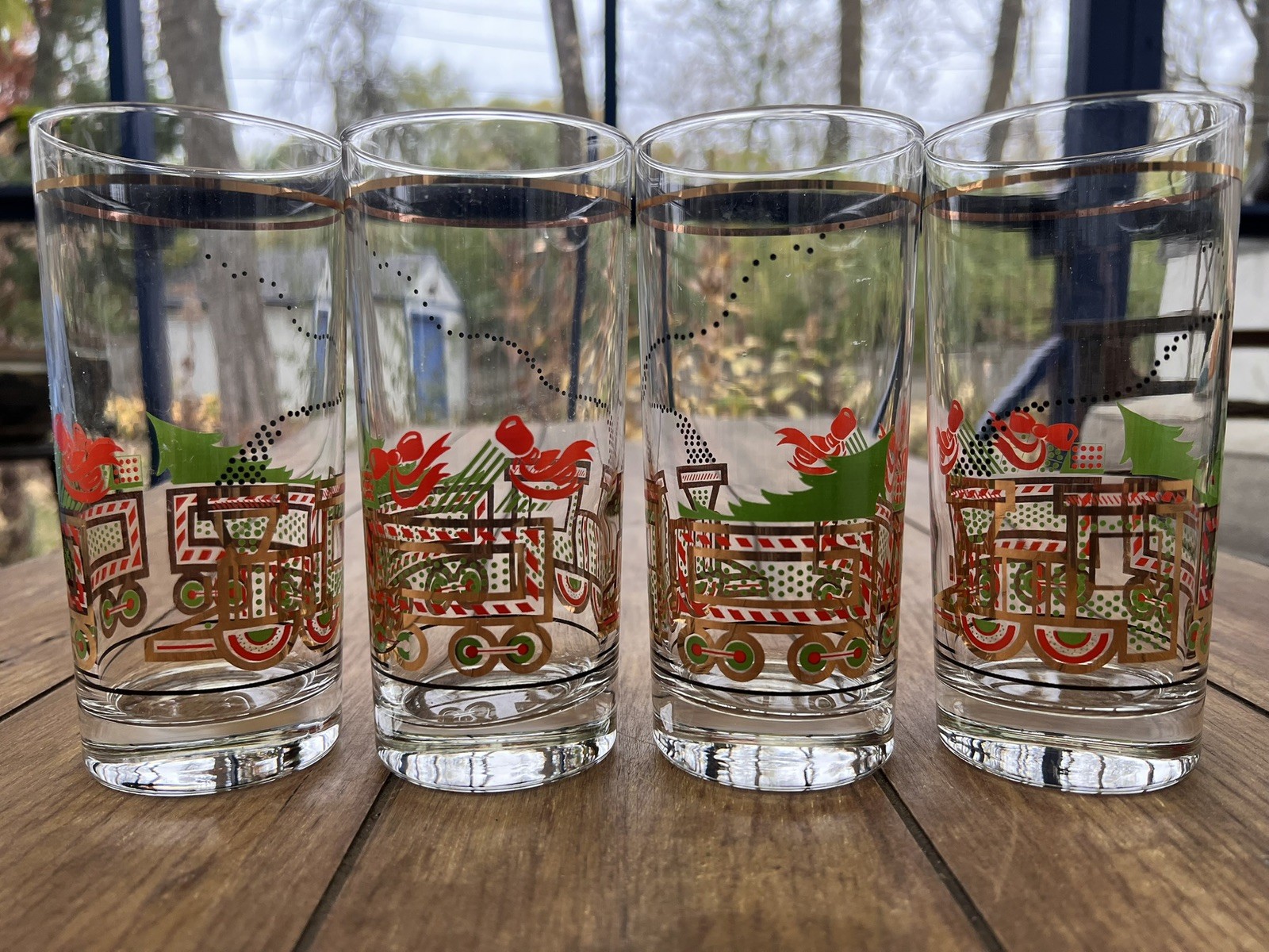Vintage Christmas Holiday Set of 4 Drinking Collins Glasses Toy Train Gift Gold