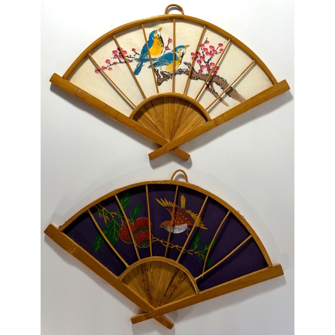 Vintage Hand Painted Chinese Fans Bamboo & Fabric Birds Flowers Asian Wall Decor