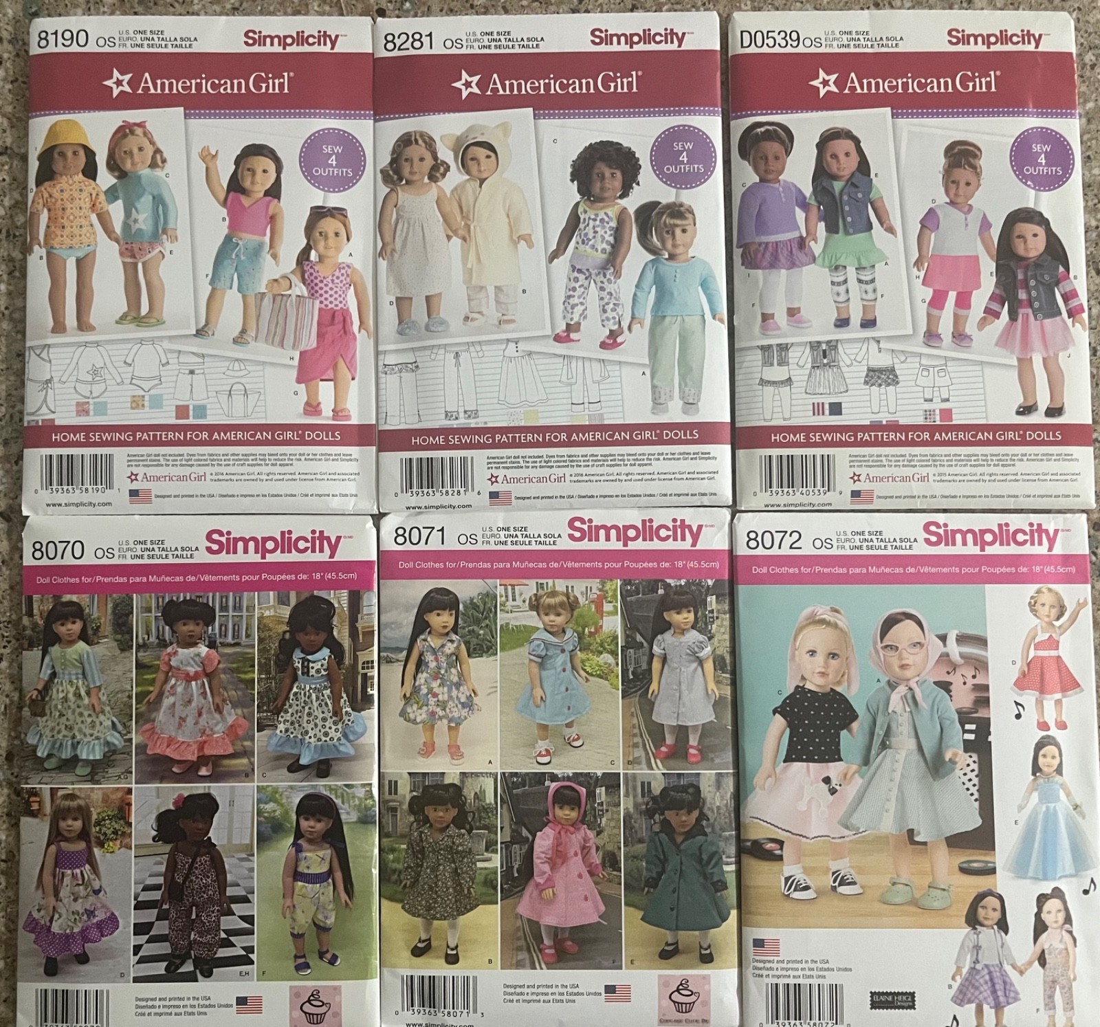 6 AMERICAN GIRL SEWING PATTERNS. 8190; 8281; 0539; 8070; 8071; 8072. UNCUT