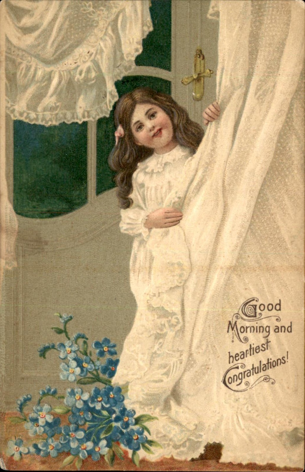 Mother's Day Girl Peeking Through Curtain c1910s-20s Vintage Postcard Mother's Day Girl Peeking Through Curtain c1910s-20s Vintage Postcard
