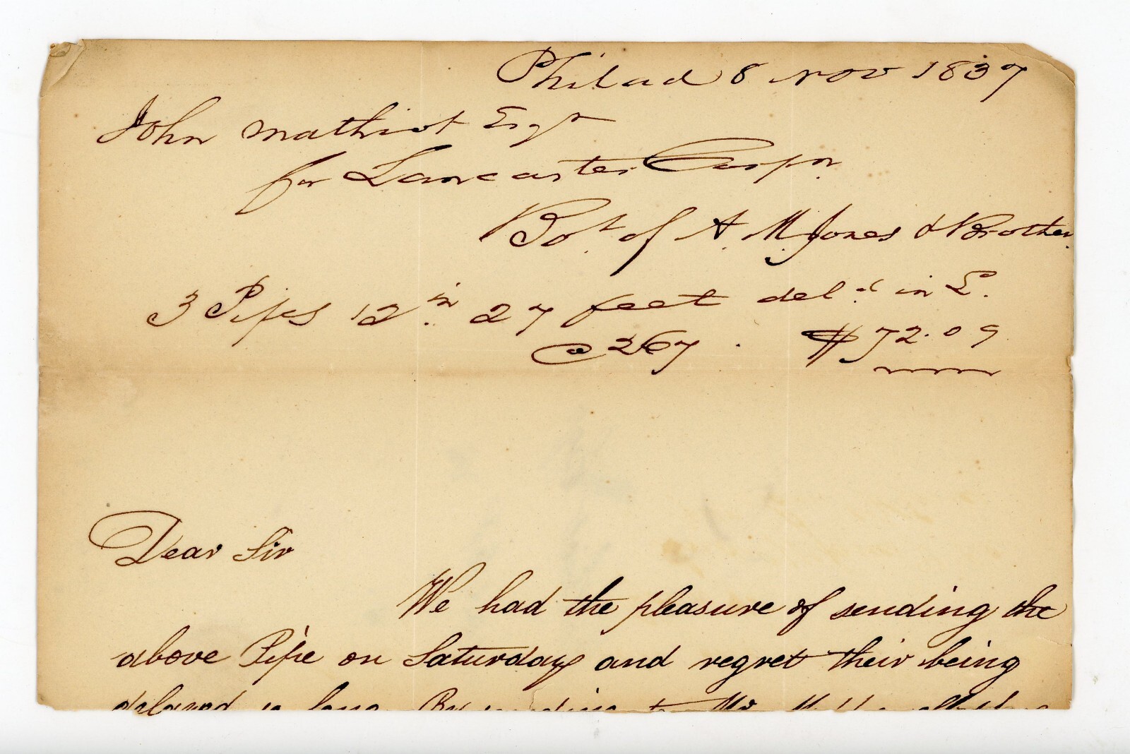 19th Century Doc John Mathiot Mayor Lancaster Philadelphia PA Jones & Proctor