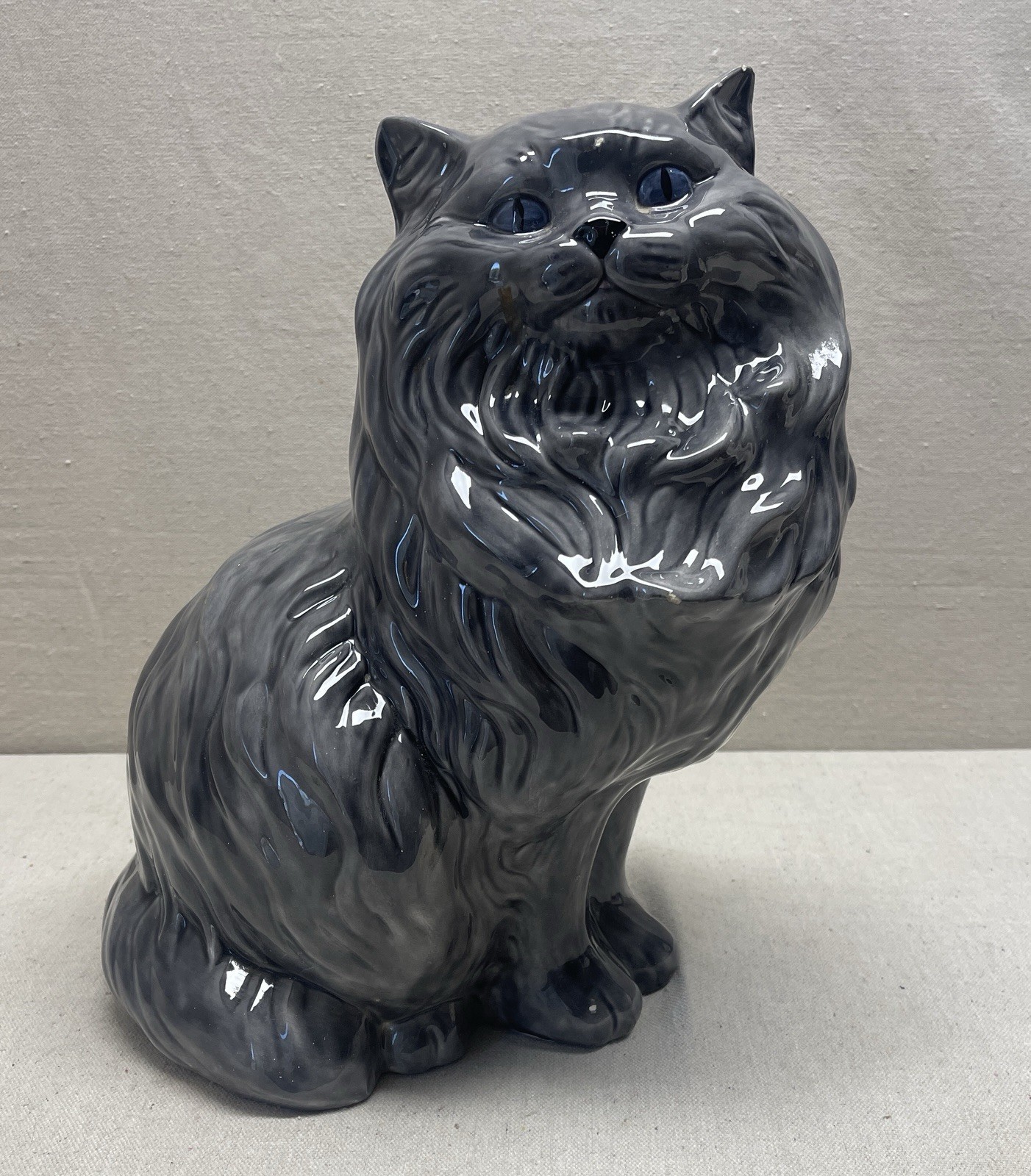 Vtg 1970s Ceramic Persian Cat Statue Grey Glazed Fluffy Life Size Figurine 14” 