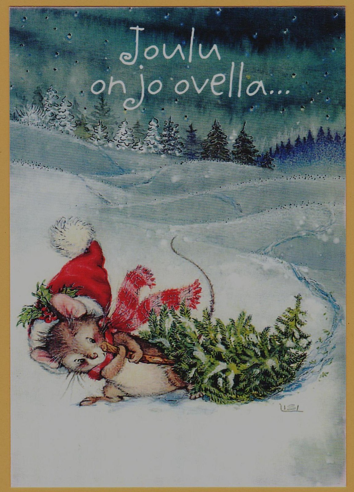 Funny Christmas Mouse Tree Snow Lisi Martin ART NEW Modern Unposted Postcard