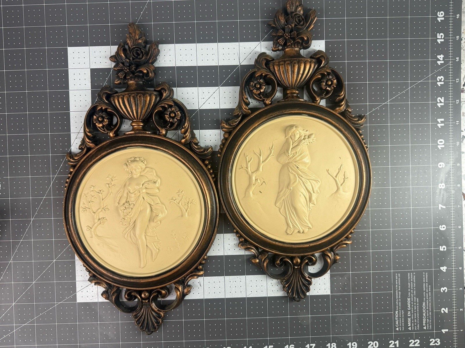 Vintage Dart Goddess Classical Wall Plaques Set Bronze Syroco Style Cameo MCM