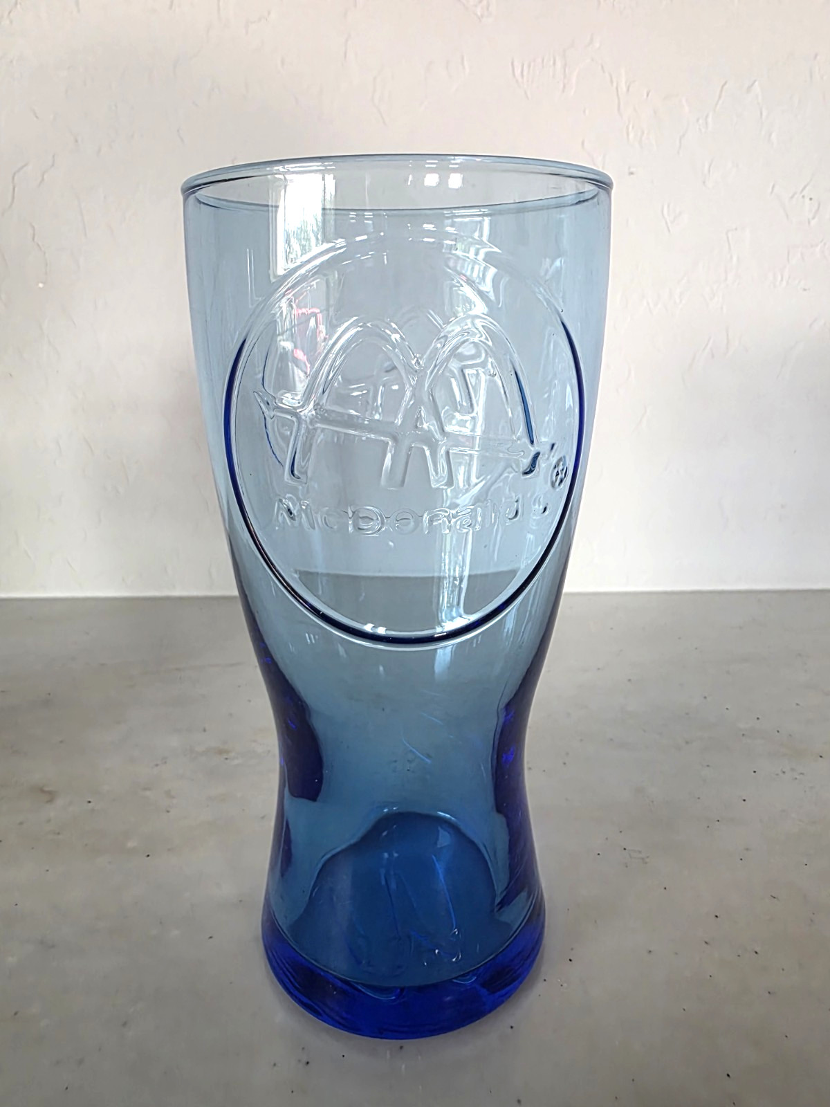 Vintage McDonald\'s Blue Glass Embossed Golden Arches Circle Logo Circa 2008-2010