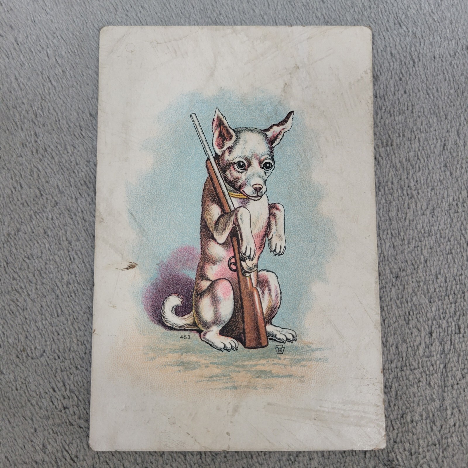 Victorian Trade Card Dog with Rifle – H.P. Deuscher Co. Hamilton OH Ad 