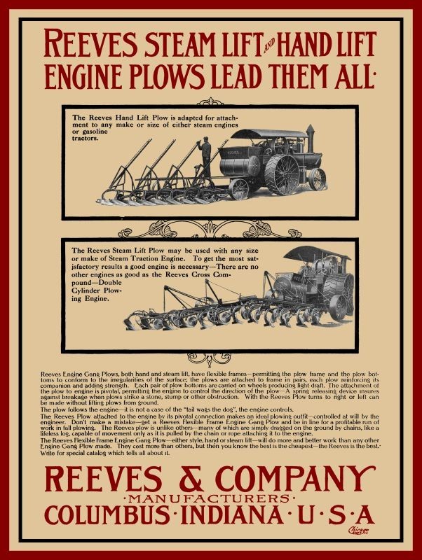1912 Reeves Hand & Steam Lift Plows - Columbus Indiana NEW Metal Sign: 12x16