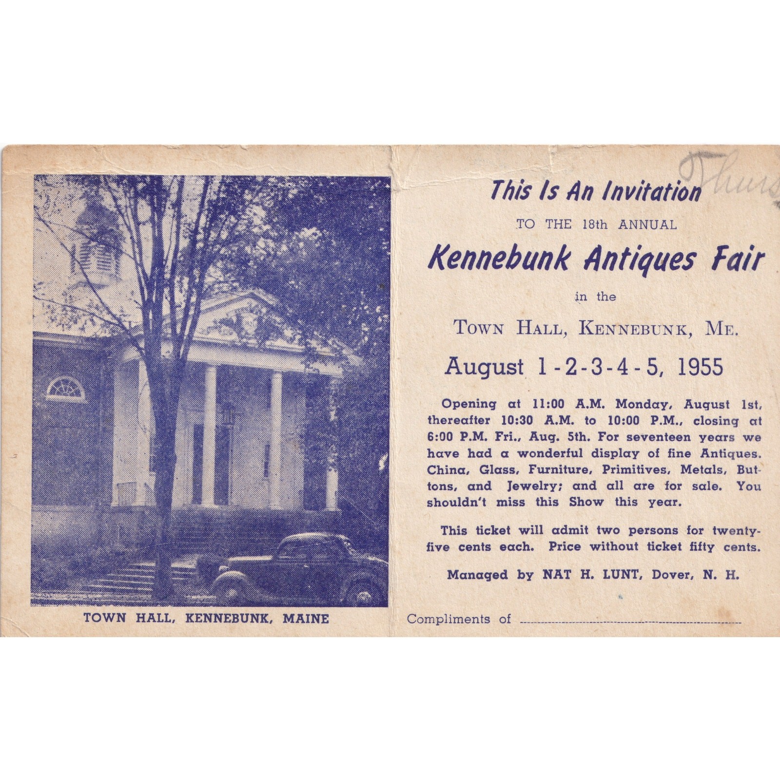 Vintage 1955 Kennebunk Maine Antiques Fair Invitation Ticket Town Hall Vintage 1955 Kennebunk Maine Antiques Fair Invitation Ticket Town Hall