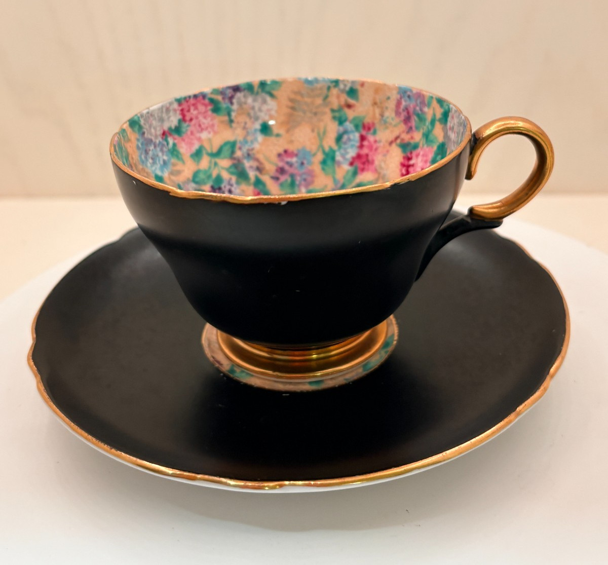 Vintage Shelley Fine Bone China Black Floral Teacup & Saucer Gold Trim England Vintage Shelley Fine Bone China Black Floral Teacup & Saucer Gold Trim England