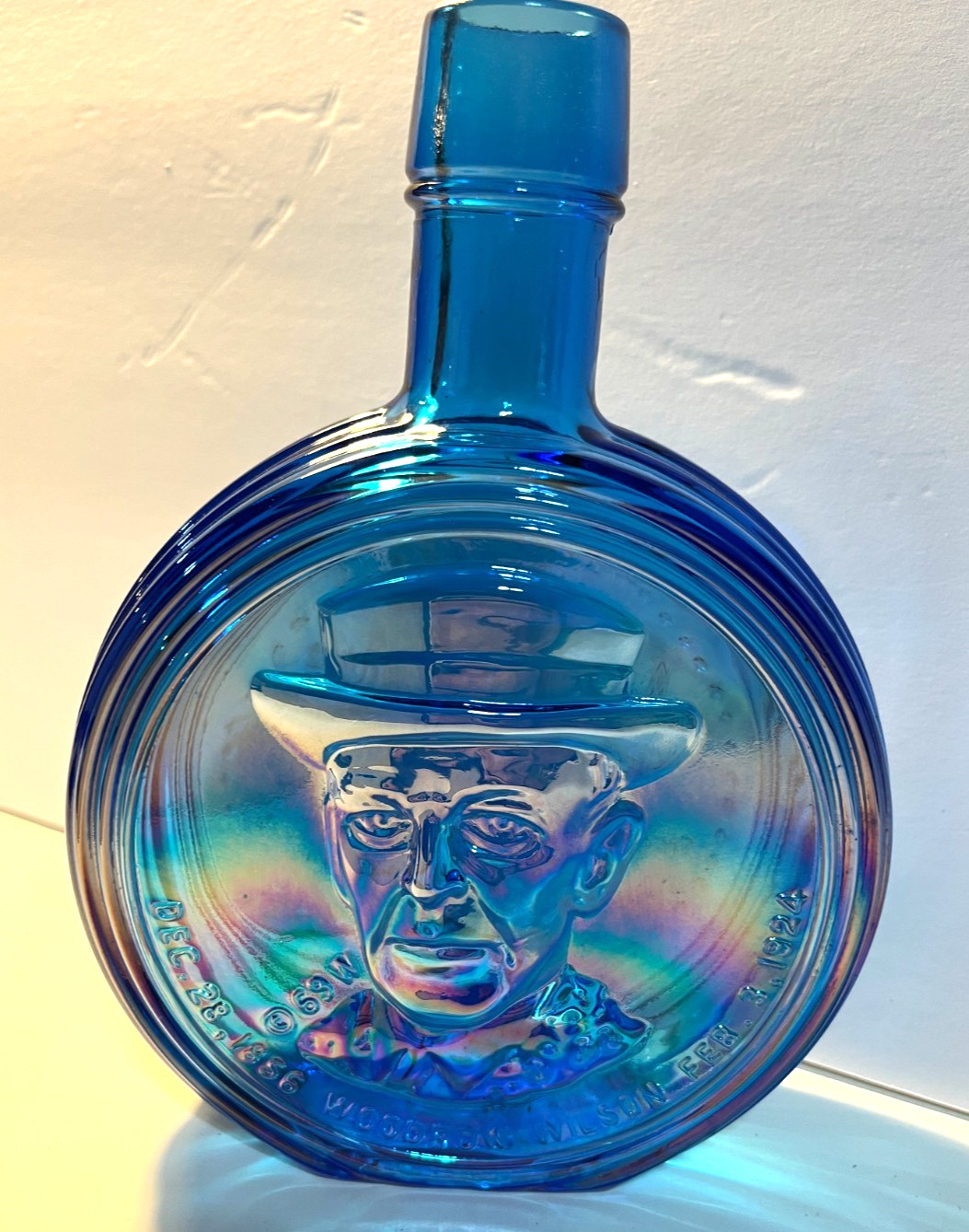 Vintage 1969 Wheaton Blue Carnival Glass Woodrow Wilson Presidential Decanter 