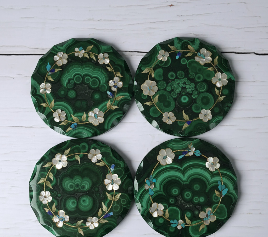 GIFTS FOR HIM / Malachite Coasters Set / Vintage Floral Inlay Gifts / Coaster