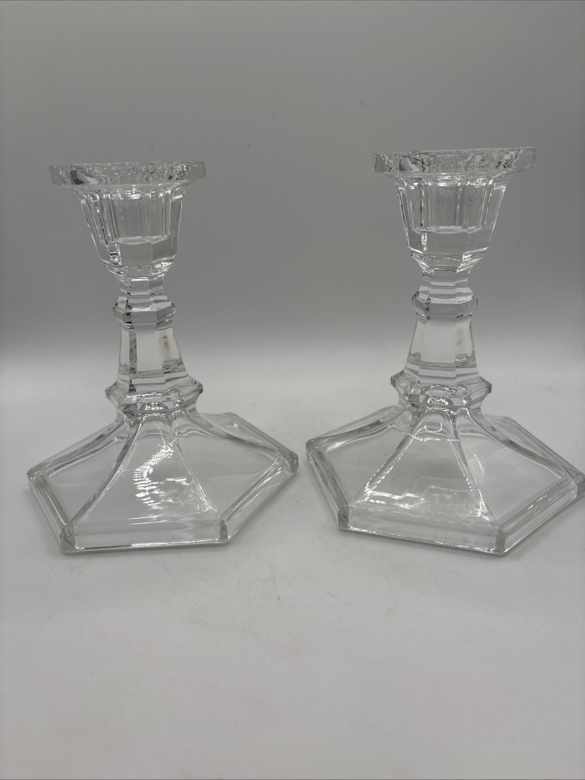 Vintage Pair Of Hexagonal Clear Lead Crystal Candlestick Holders 5Hx4L Vintage Pair Of Hexagonal Clear Lead Crystal Candlestick Holders 5Hx4L