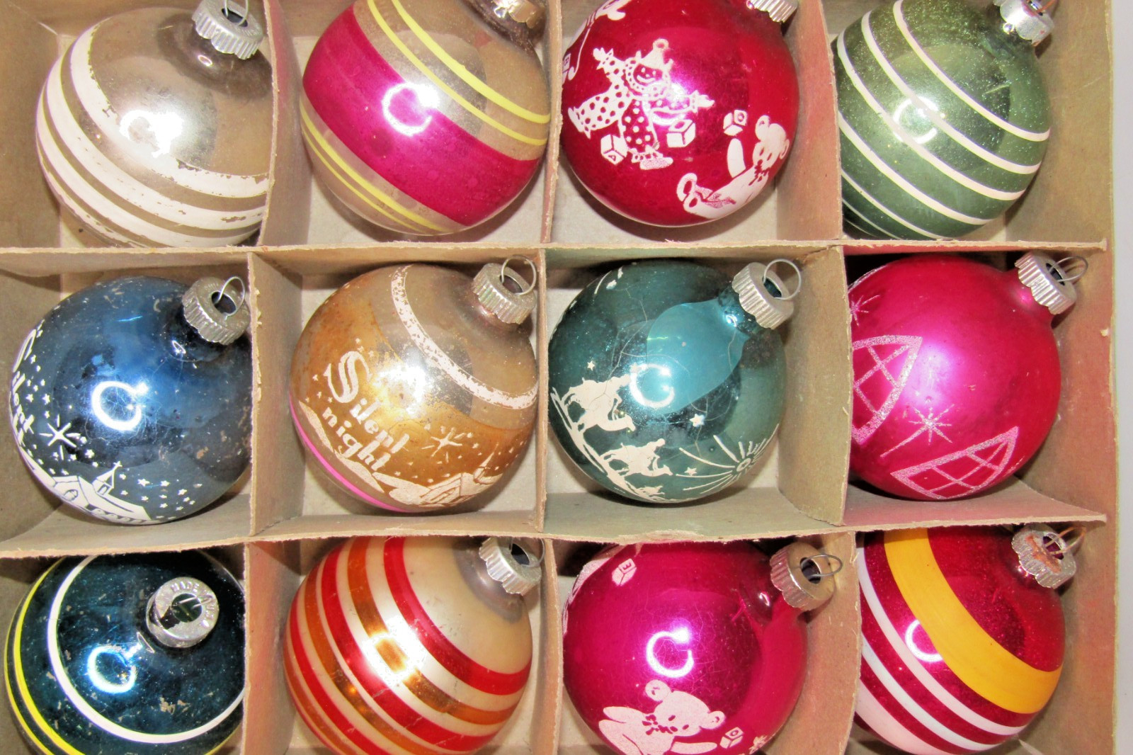 Lot VTG Glass Pictured SILENT NIGHT WISEMEN BALL Christmas Ornaments Shiny Brite