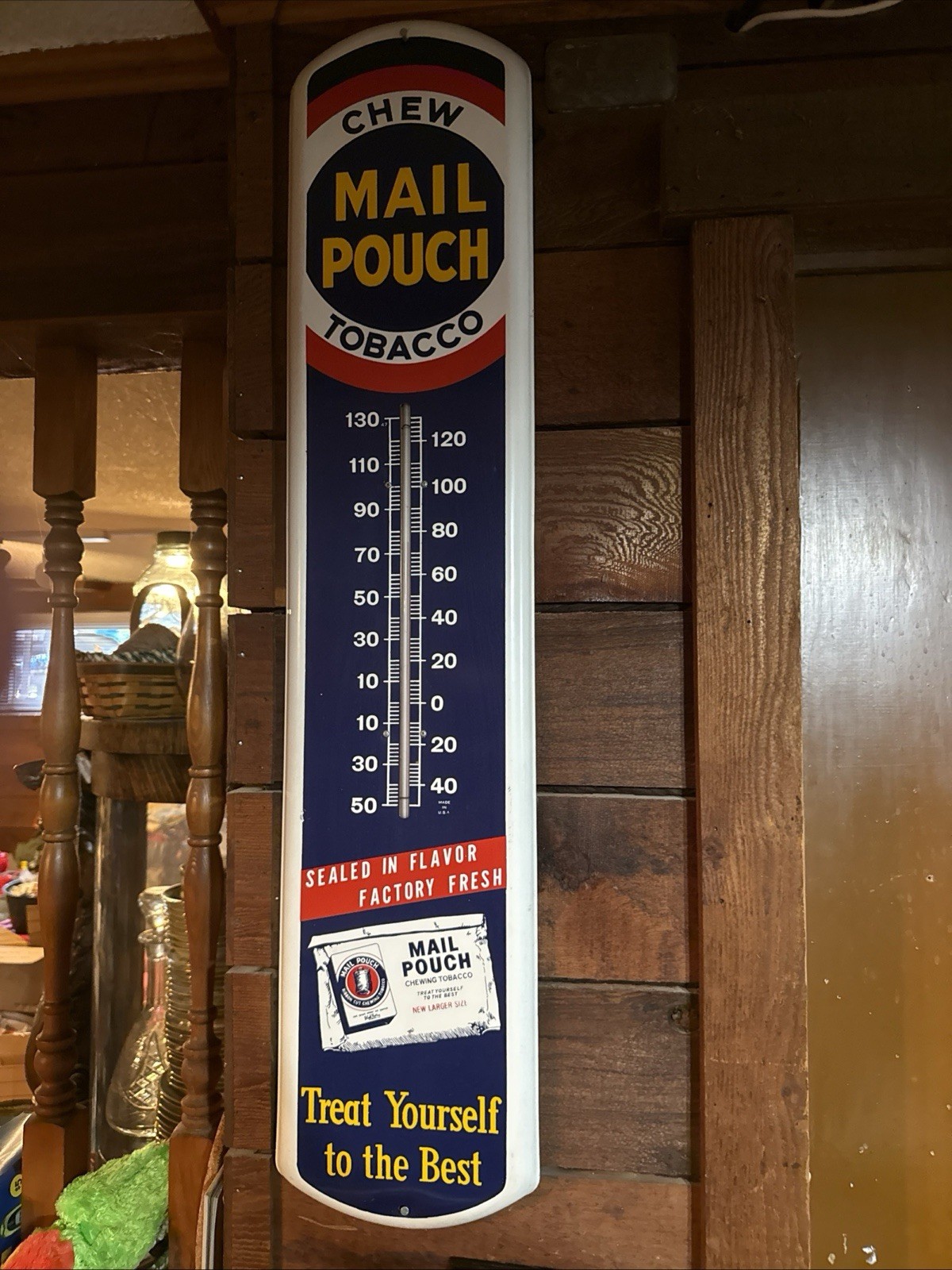 Vintage Metal Mail Pouch Thermometer Chewing Tobacco Advertising 39” X 8”