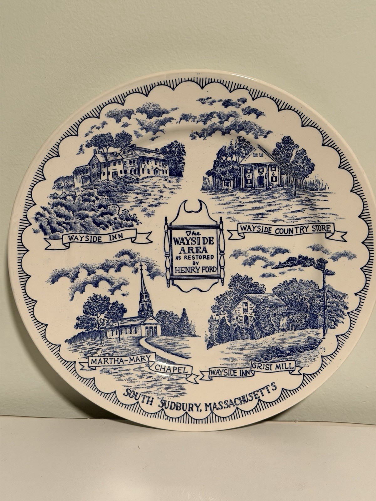 Vtg blue& white transferware plate Ft Wayside Area in South Sudbury MASS