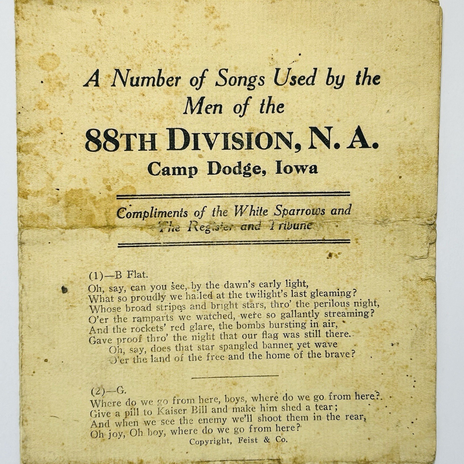 WWI US Army Song Sheet 88th Division Camp Dodge Iowa Military History