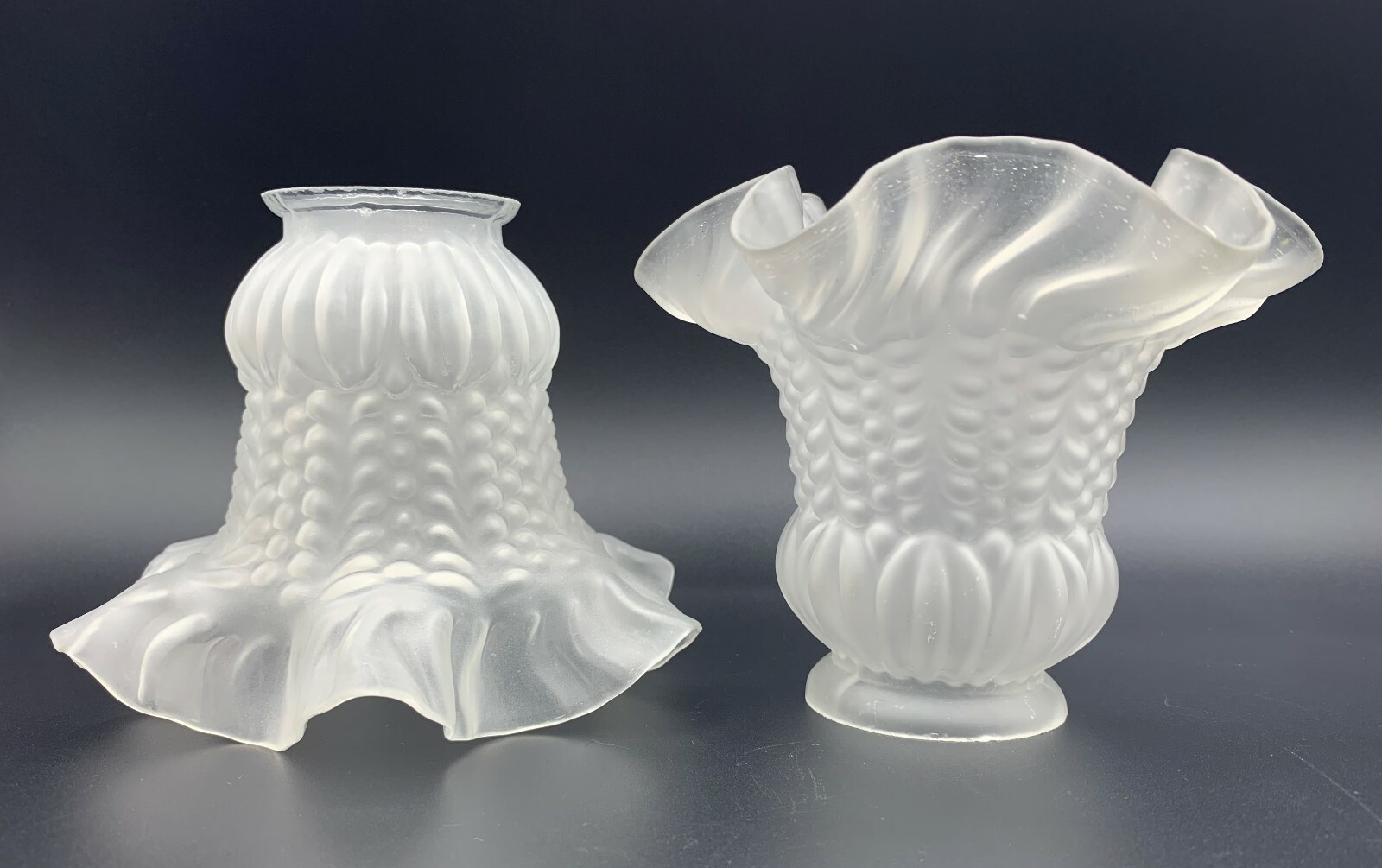 Pair Antique Art Deco Ruffled Tulip Frosted Glass Lamp Shades Bell Shape