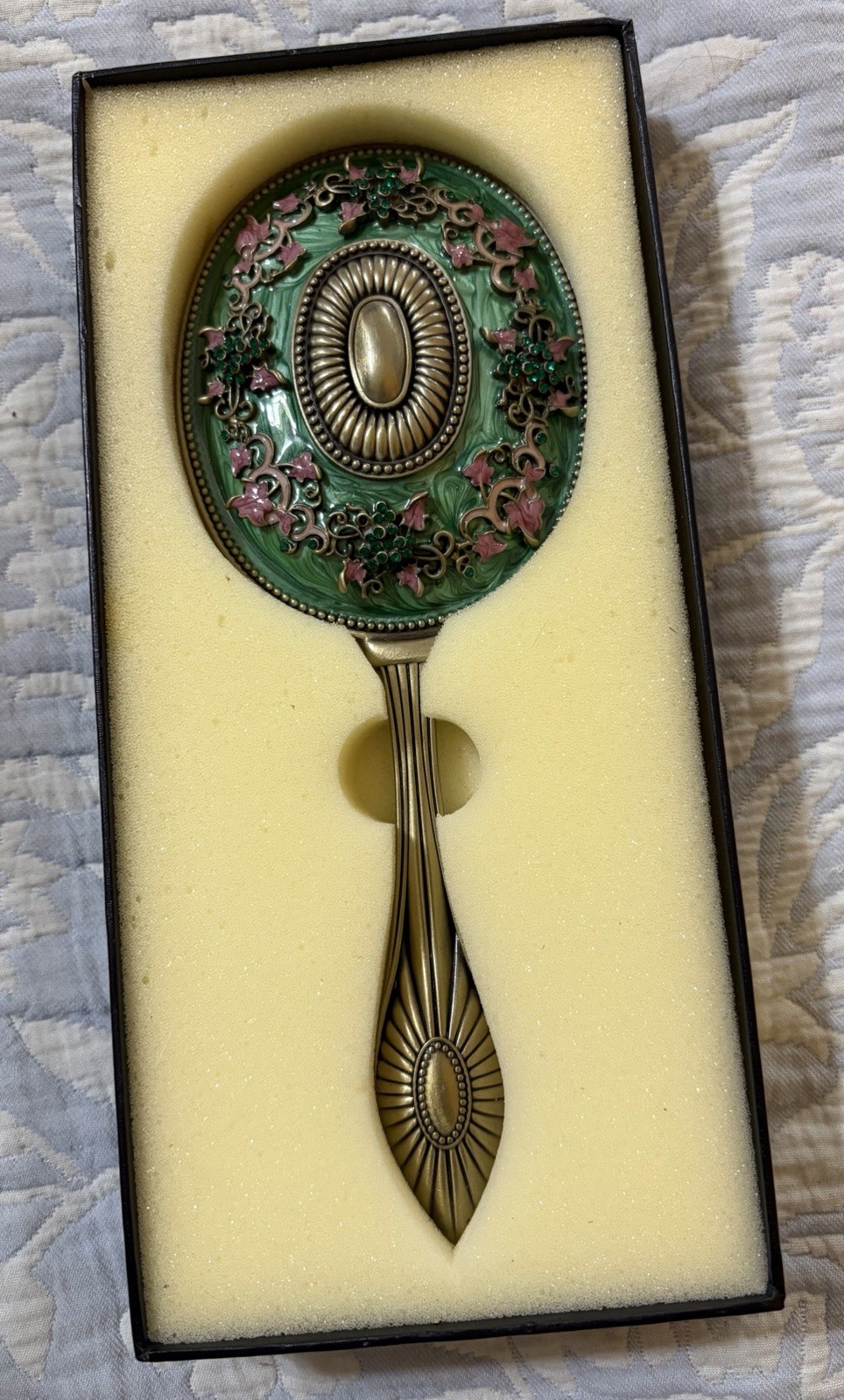 Kalifano Collectible Hand Mirror Enamel Floral Metal Glass w/ Box