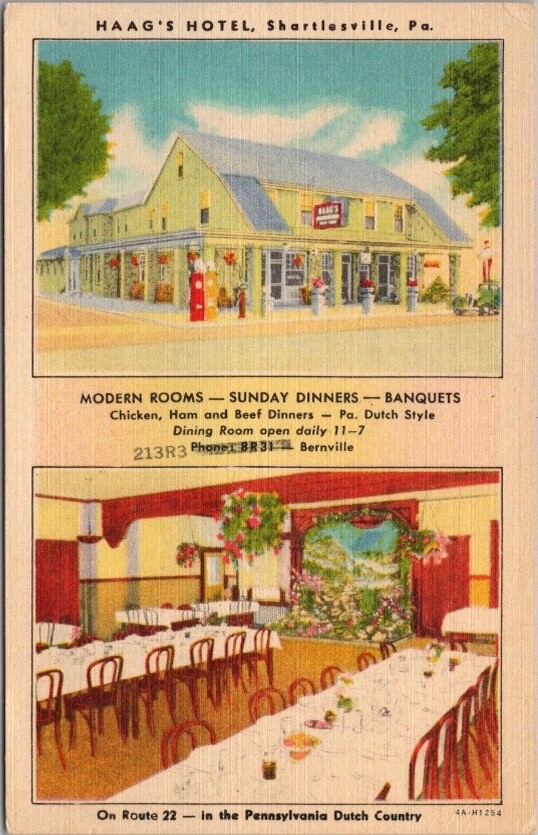 1934 Shartlesville, Pennsylvania Postcard HAAG'S HOTEL Route 22 Roadside Linen