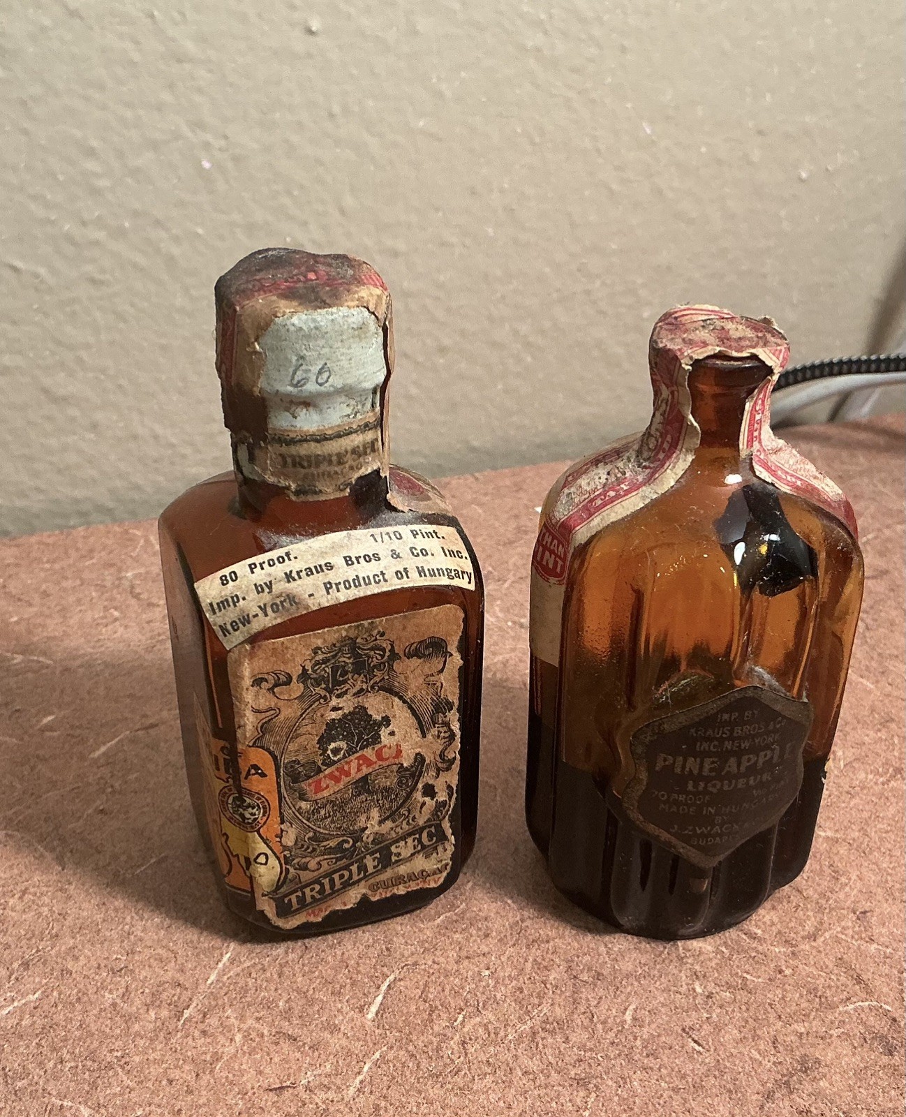 2 vintage 1930s  ZWACK  Miniature liquor Bottles  Triple Sec Pineapple Liqueur