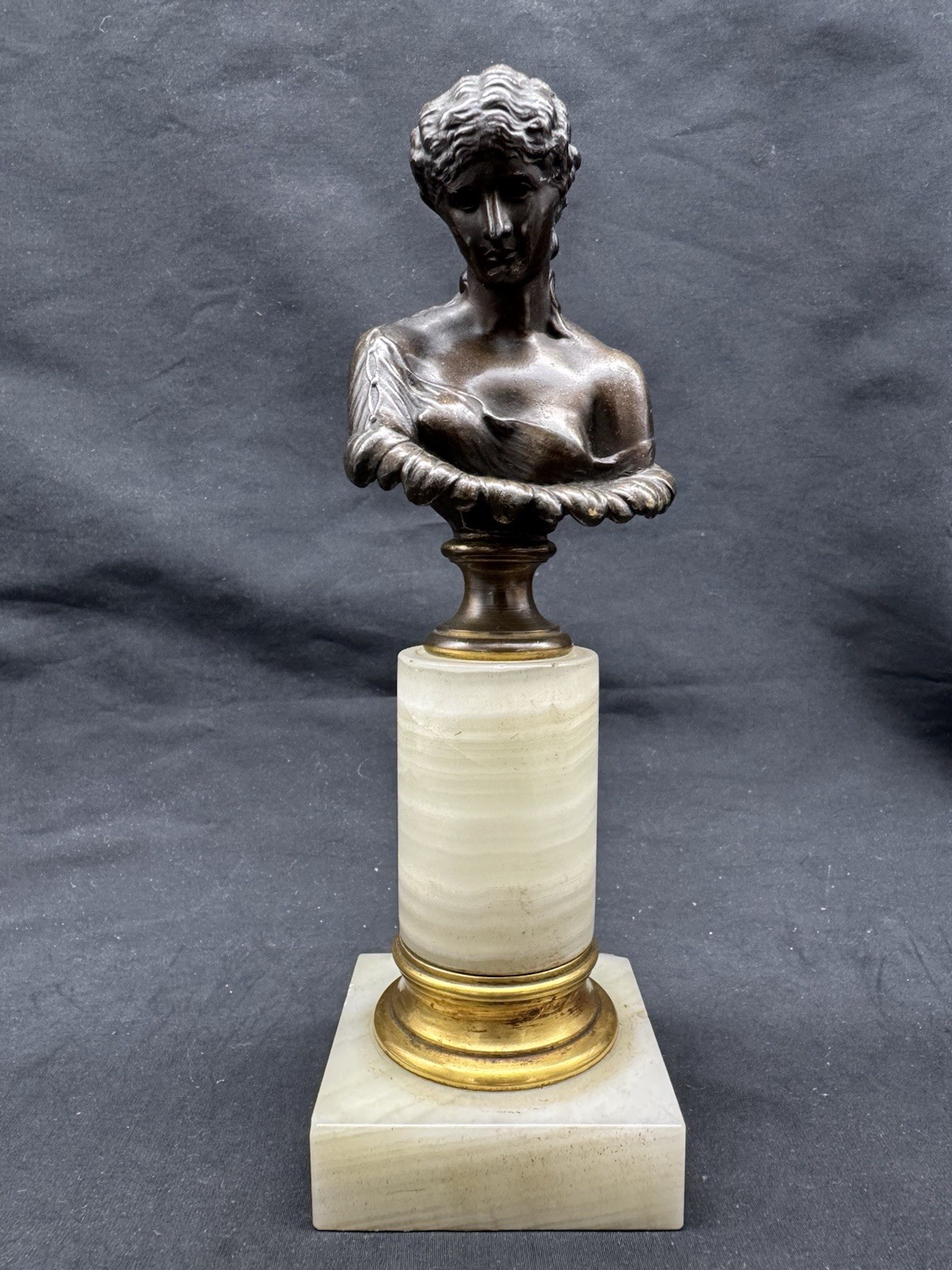 Vintage Painted White Metal Bust of Water Nymph CLYTIE on Stone Base, 6.5\