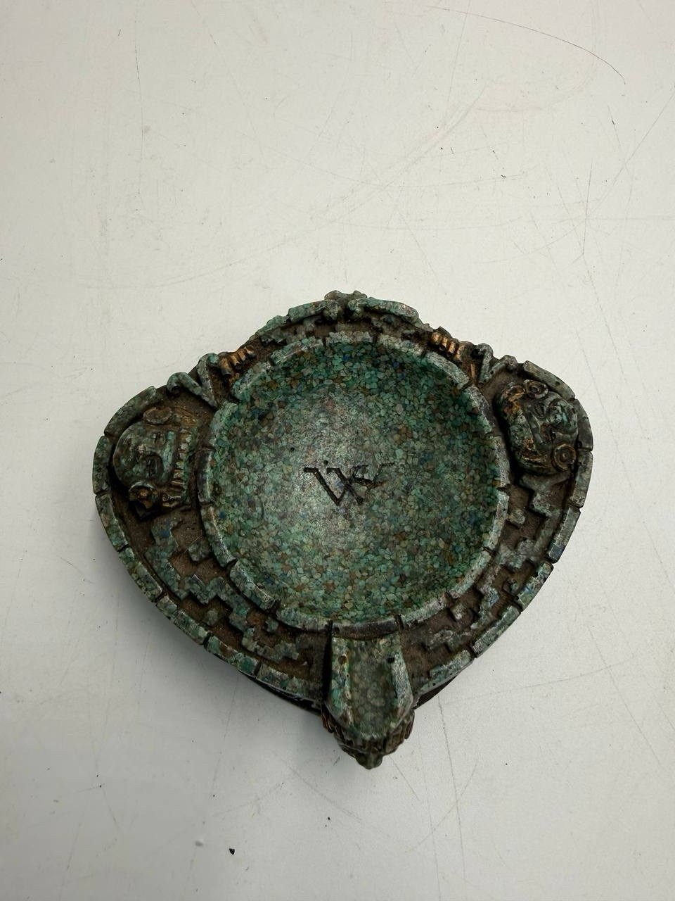 Vintage Aztec Mayan Style Stone Ashtray Carved Faces Green Patina Decor