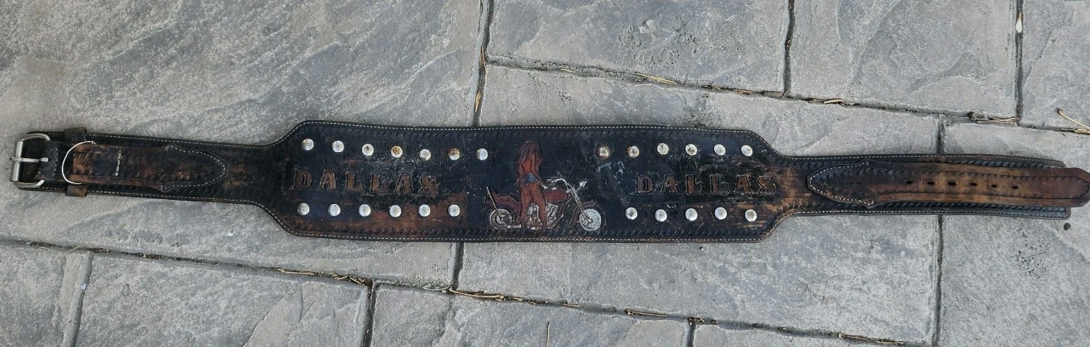 Vintage Leather Motorcycle Kidney Belt with Hand-Tooled Biker Artwork