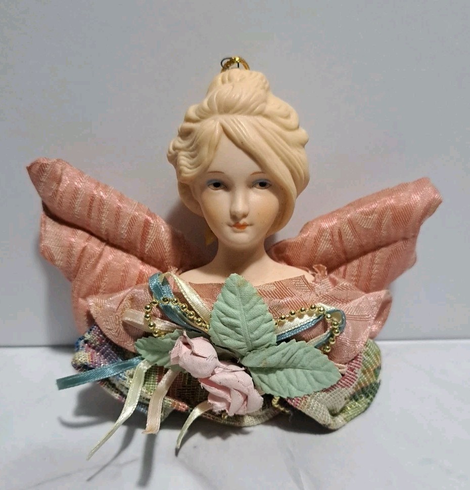 Vintage Victorian Style Bisque Angel Head/ Bust Ornament Fabric Wings Vintage Victorian Style Bisque Angel Head/ Bust Ornament Fabric Wings