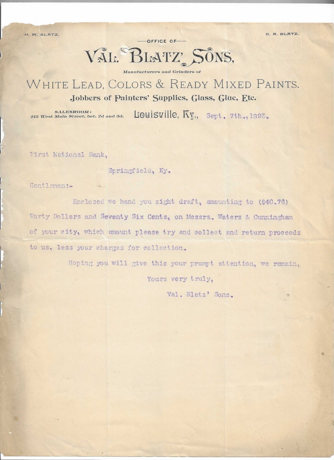 1893 Louisville KY ~ Val. Blatz & Sons Paints ~ Letter 1893 Louisville KY ~ Val. Blatz & Sons Paints ~ Letter