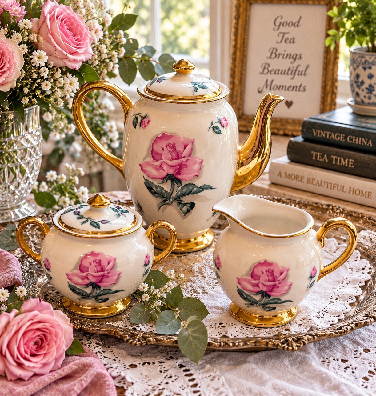 Vintage Kingwood China USA Pink Rose Gold Trim Teapot Sugar Creamer 3 Pc Set