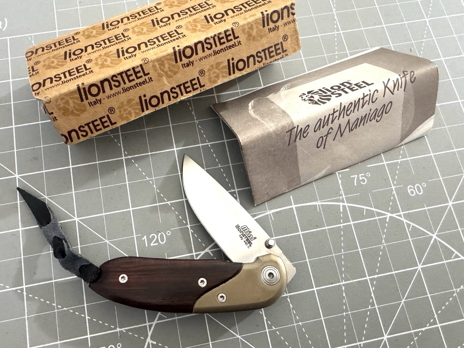 LIONSTEEL Italy \'Mini\' Early 440C Steel Linerlock Santos Wood Handle Knife NIB