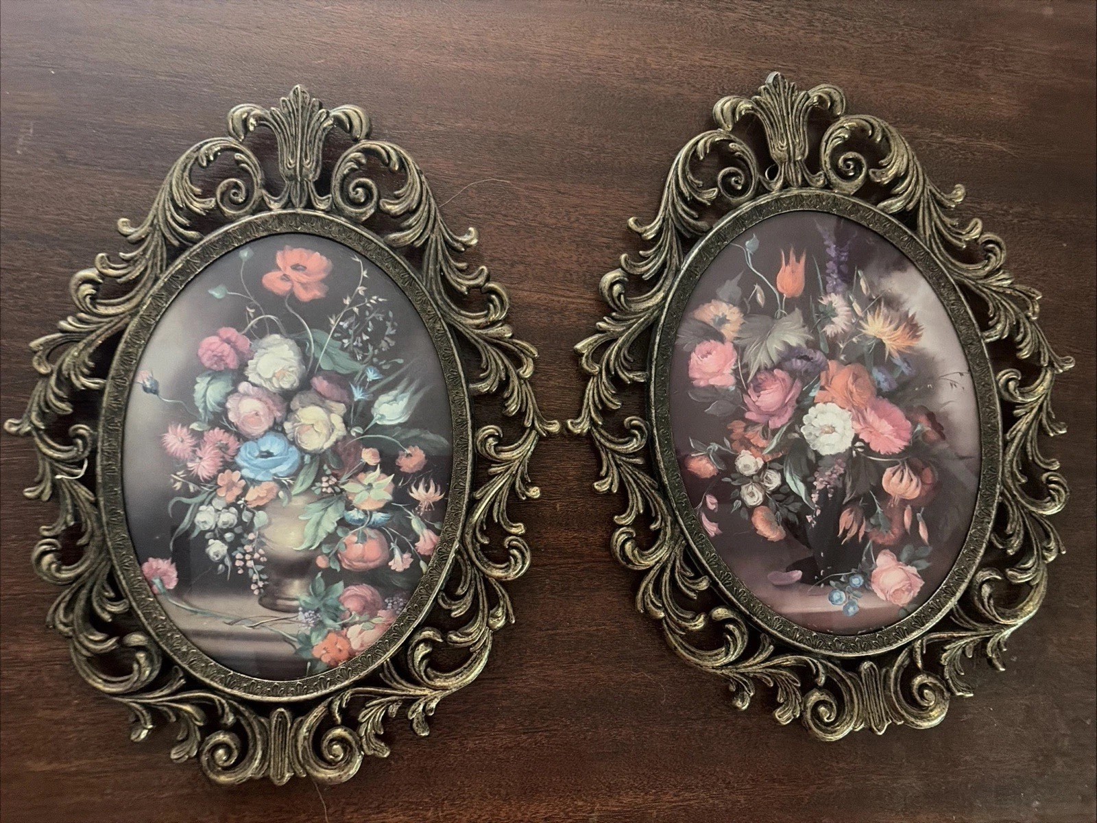 Vintage MCM Brass Ornate Made In ITALY Brass Frame Dark Floral Botanical Vintage MCM Brass Ornate Made In ITALY Brass Frame Dark Floral Botanical