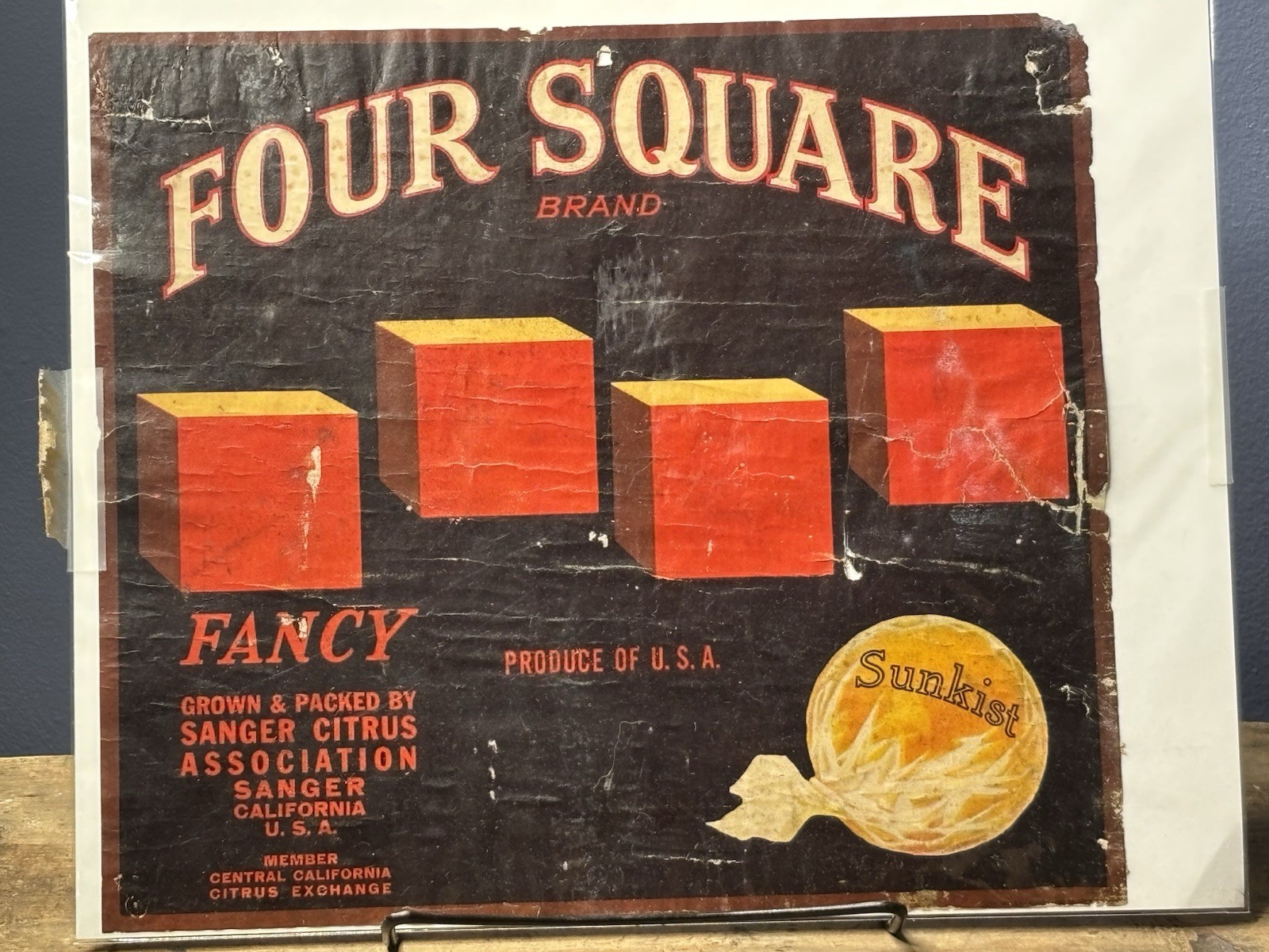 Vintage Antique Original Sunkist Citrus Farm Four Square Box Crate Label Sign