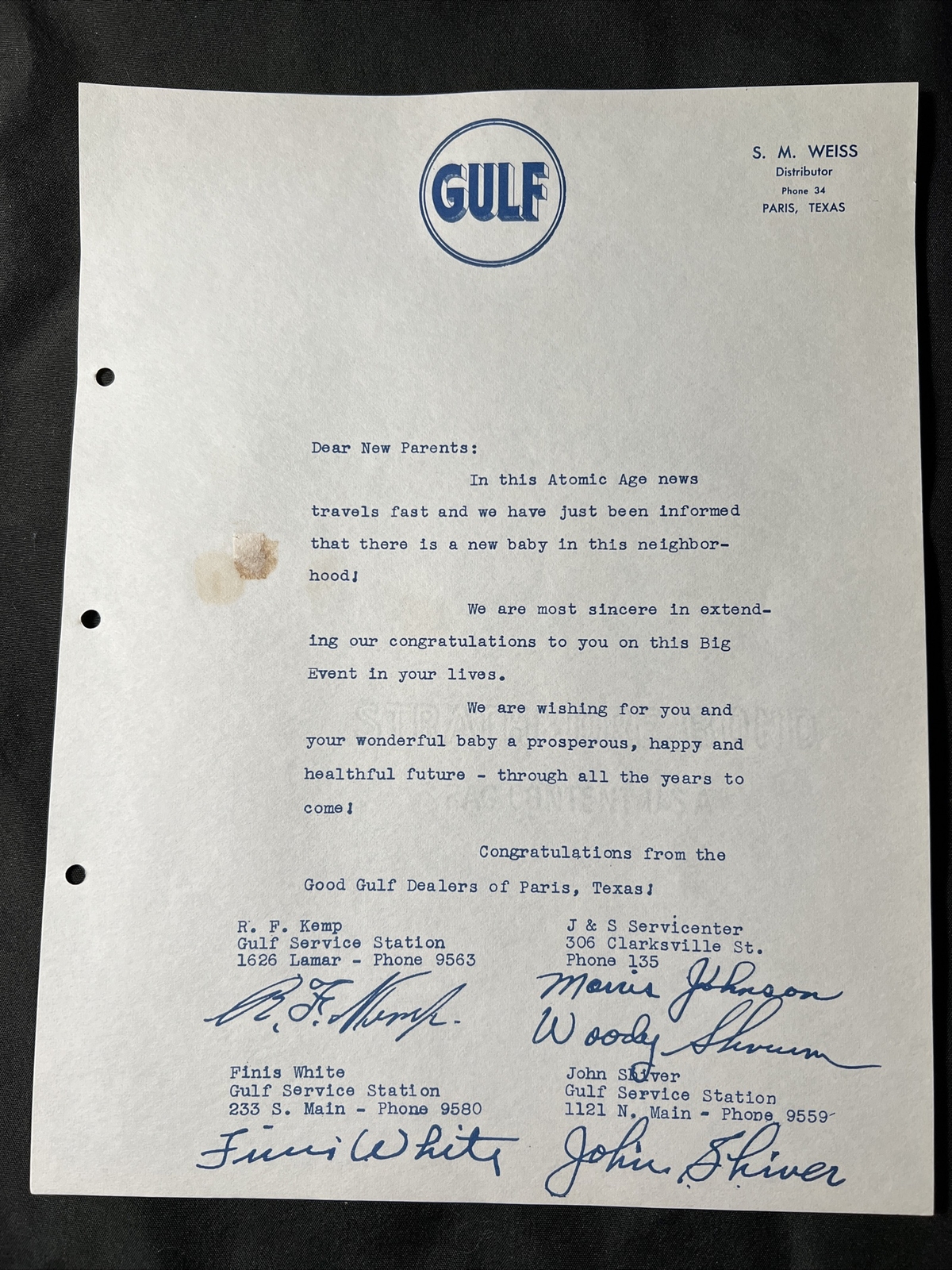 1949 GULF Oil Service Centers PARIS TEXAS Letterhead Letter New Parents 1949 GULF Oil Service Centers PARIS TEXAS Letterhead Letter New Parents