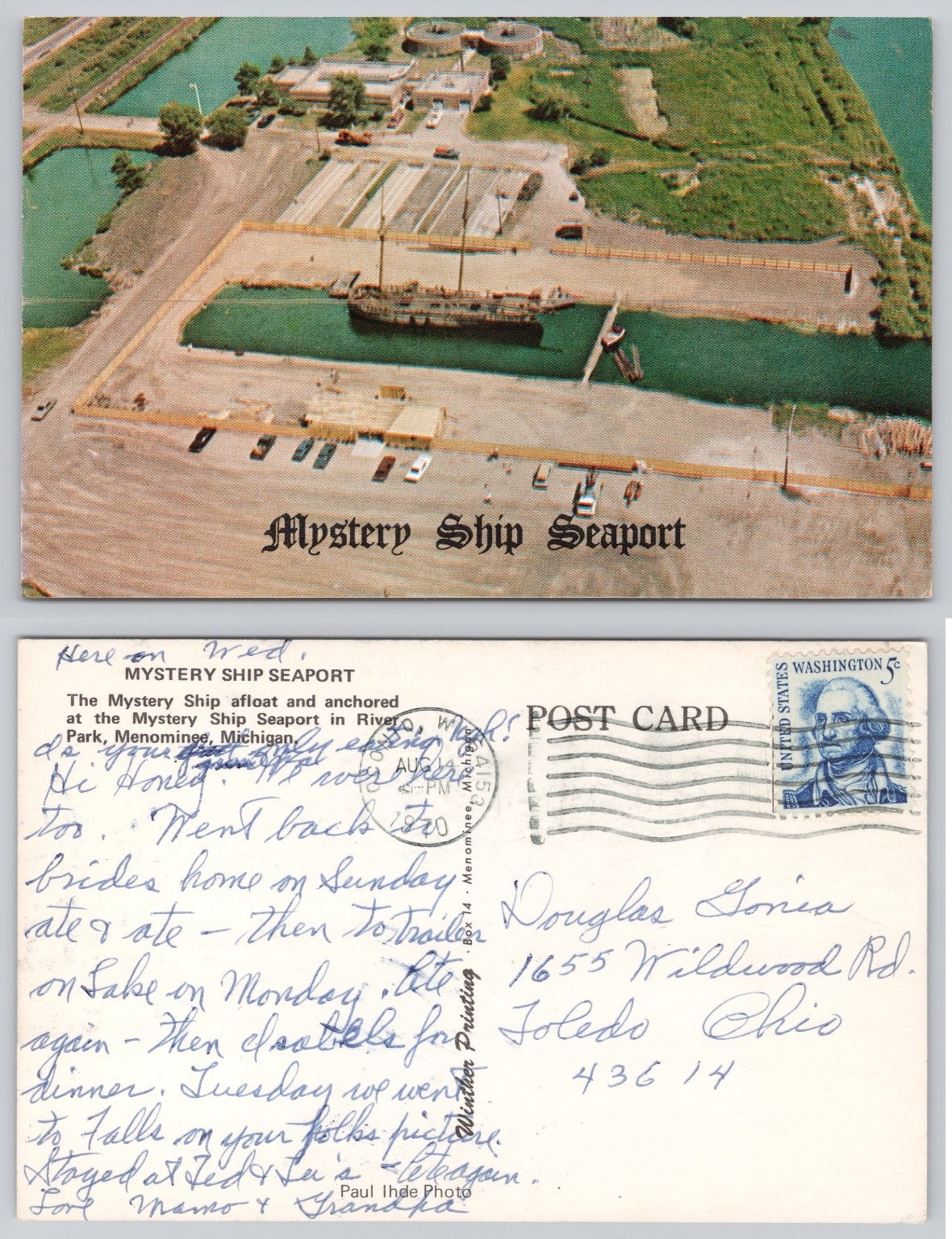 Vintage Mystery Ship Seaport Menominee Michigan Linen Postcard 1970 Posted