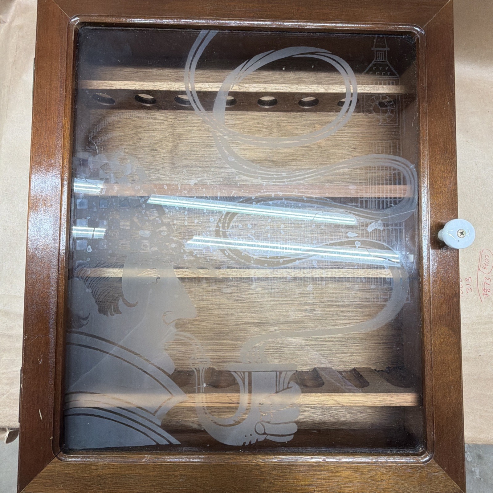 SHERLOCK HOLMES WOODEN PIPE DISPLAY WALL CABINET 1960S Etched Glass Vintage 16pc