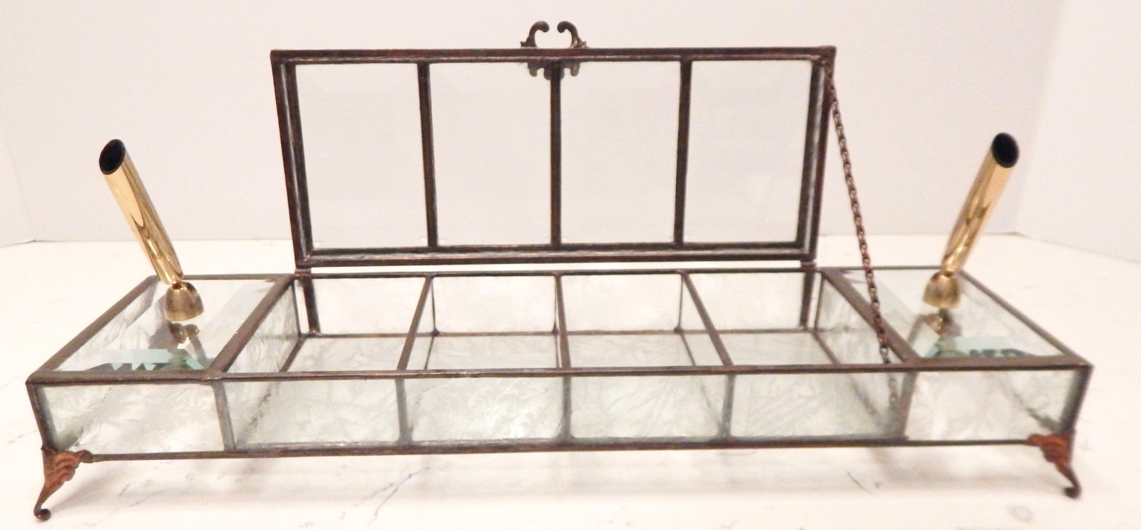 Vtg Beveled Glass Metal Table Desk Top Stationary Storage & Pen Holder Vtg Beveled Glass Metal Table Desk Top Stationary Storage & Pen Holder