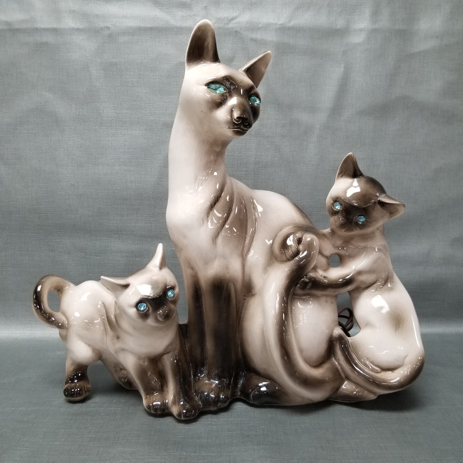 Works VTG 1963 Lane + Co. TV Lamp Ceramic 3 Cat Blue Jewel Eyes - RARE *READ