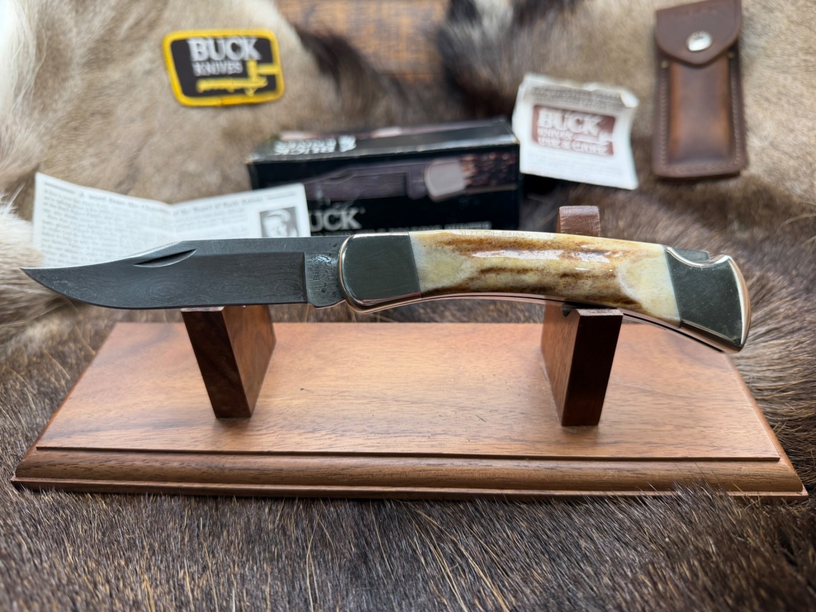 1989 Buck 110DM Knife With Stag Handle & Damascus Blade &  Sheath Mint In Box