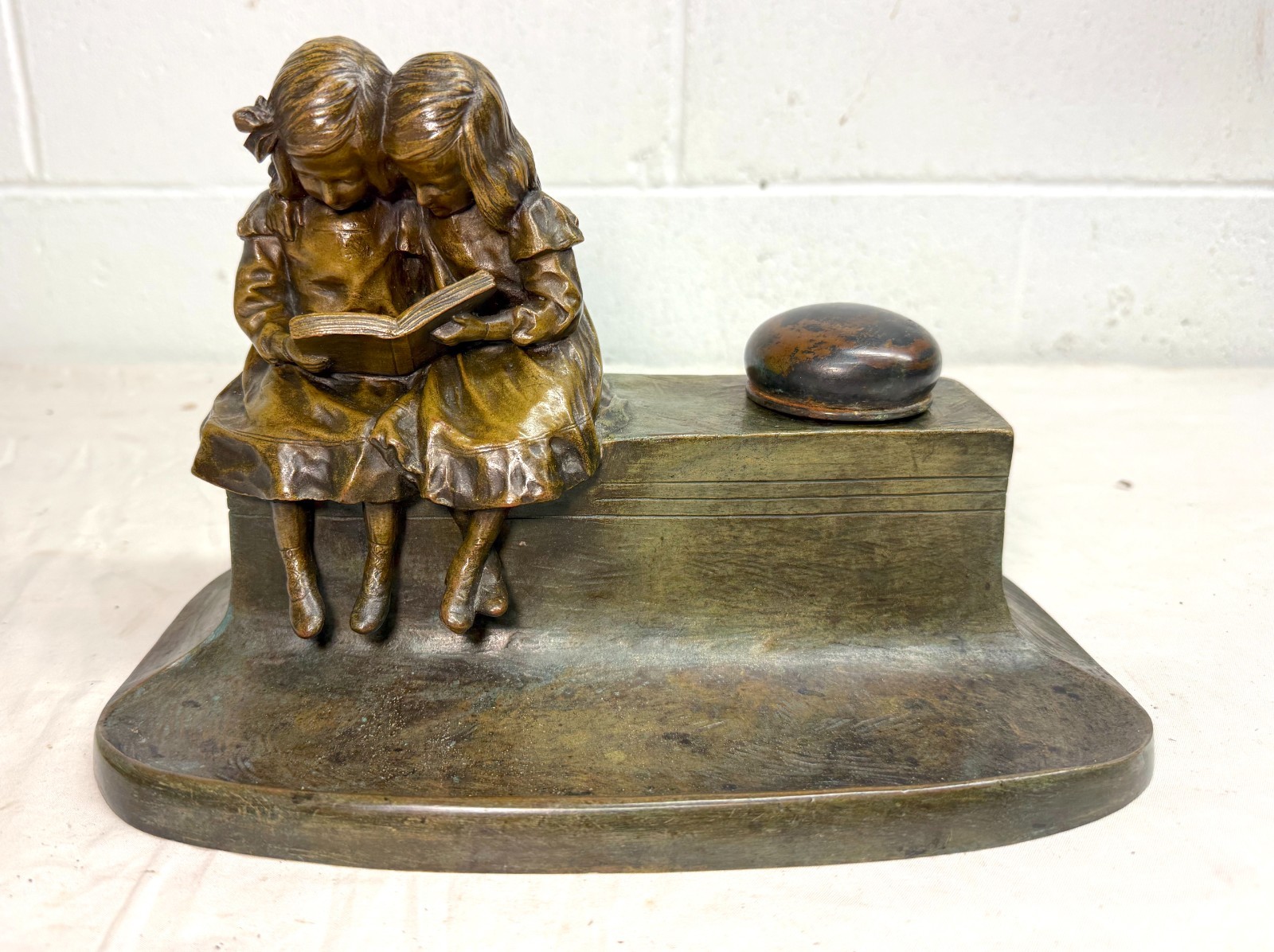 Antique 19th century bronze twin sisters book desk inkwell writing stand statue Antique 19th century bronze twin sisters book desk inkwell writing stand statue