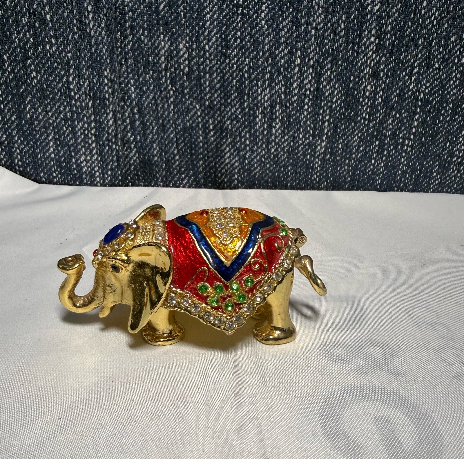 Qifu Gold Tone Metal Hinged Elephant Trinket Box w/ Rhinestones, Red/Blue/Green