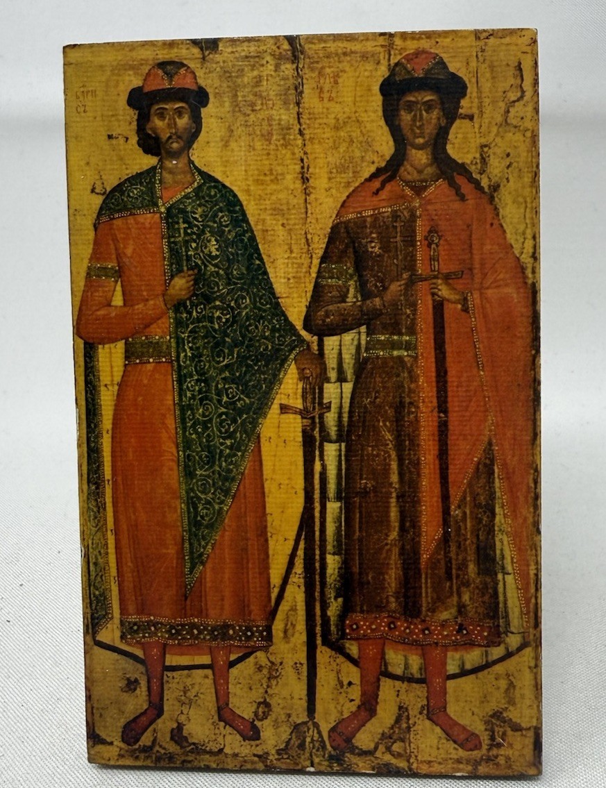 Vintage Saints Boris & Gleb Russian Icon Wood Plaque Mid Century Souvenir Art