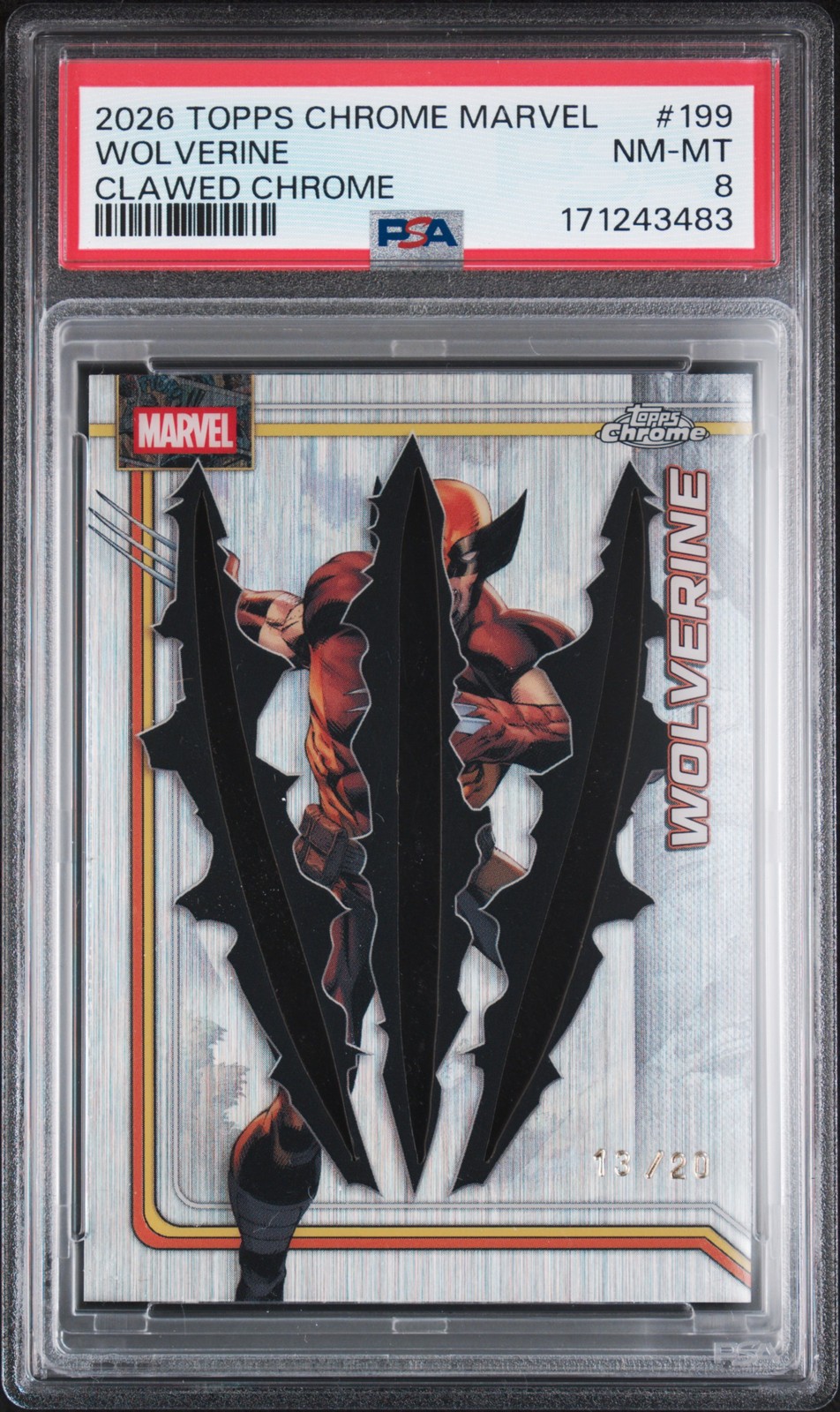 2026 TOPPS CHROME MARVEL COMICS CLAWED CHROME #199 WOLVERINE 13/20 PSA 8