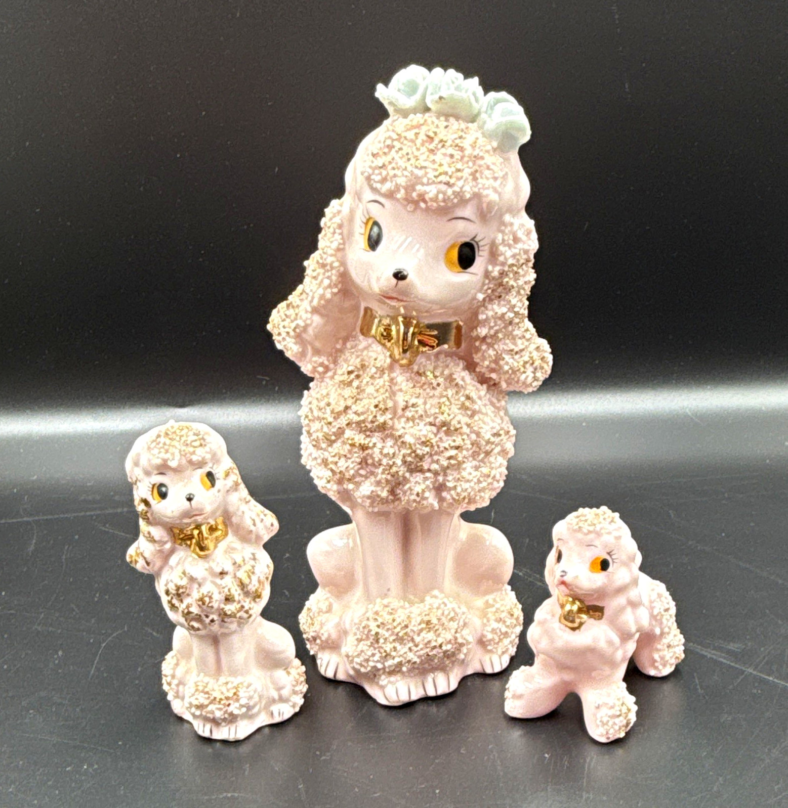 Vintage 1950s Pink Spaghetti Poodle Family Set of 3 Figurine Japan MCM Vintage 1950s Pink Spaghetti Poodle Family Set of 3 Figurine Japan MCM