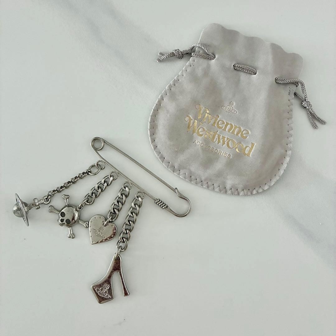 Vivienne Westwood Skull Heart Brooch Metal Vintage in Pouch Used