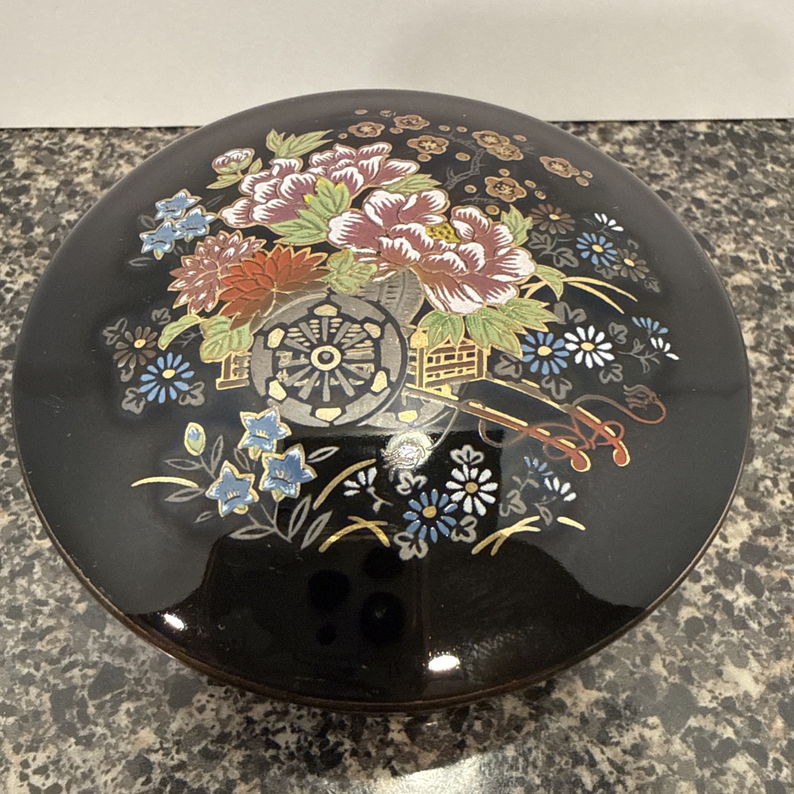 Vintage Japanese Black lacquer Trinket box beautifully hand painted.