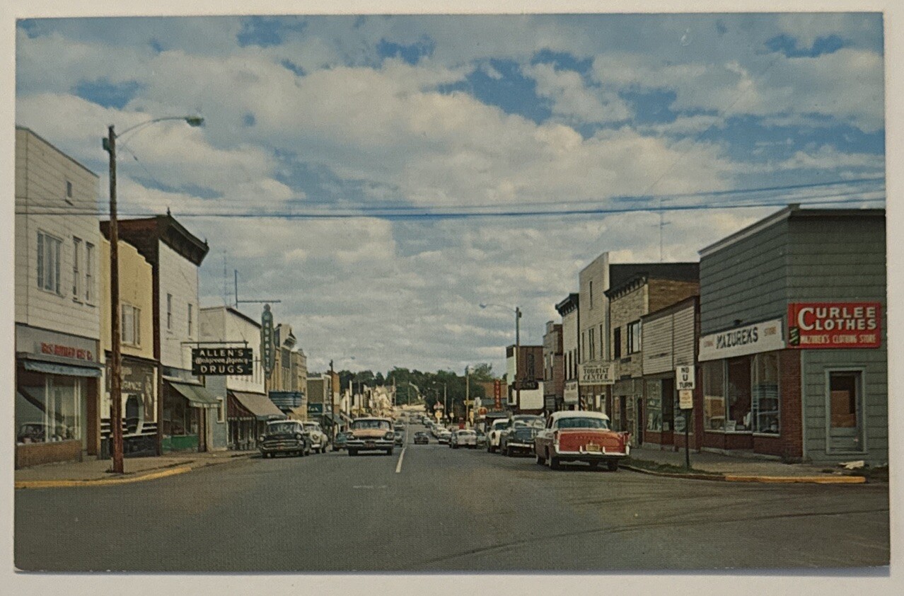 Ontonagon Michigan MI Street Scene Vintage Cars Signs River St Vtg Postcard